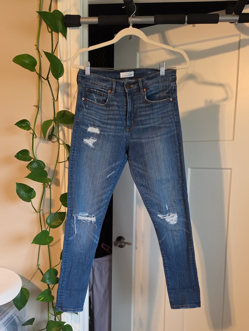 LOFT Distressed Dark Blue Skinny Jeans